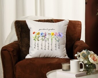 Custom Grandma's Garden Pillow, Personalized Birthflower Pillow, Grandmas Garden Pillow with Grandkids, Christmas Gift, Gift for Grandma