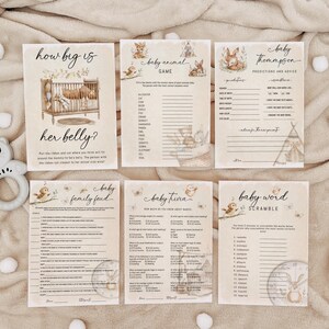 Lot de jeux de baby shower | Jeu-questionnaire sur la baby shower | Jeu Querelle Familiale | Carte de prédictions de bébé | Jeux de mots brouillés pour baby shower
