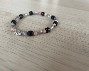 Pink Zebra Jasper and Black Glass Bead Bracelet