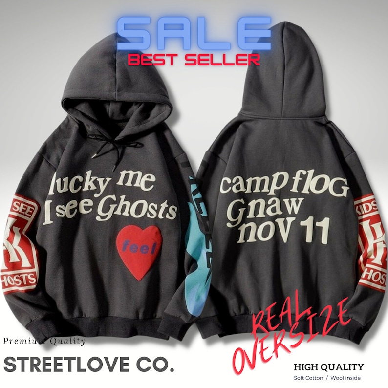 Kanye West LUCKY ME 3D Print Hoodie Unisex, I See Ghosts Hoodie, Cotton Unisex Streetwear Hoodie, Lucky Me Hoodie, Kanye West Sweatshirt Gray