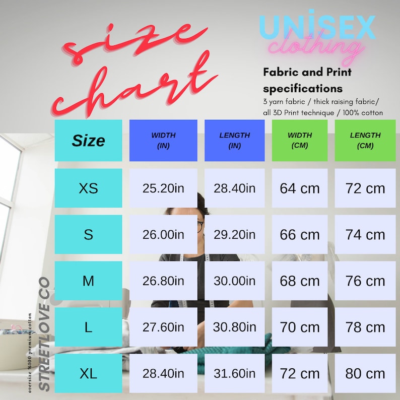 May include: Unisex clothing size chart with measurements in inches and centimeters. The chart shows the width and length of each size from XS to XL.