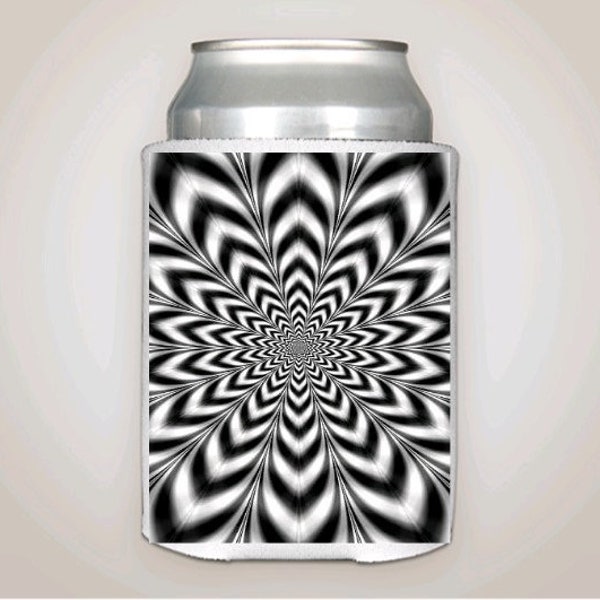 Black and white psychedelic can cooler. Fits most 12 oz cans, long neck bottles and water bottles. Neoprene material keeps drinks cold.