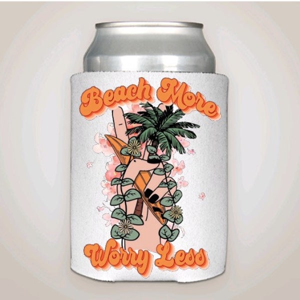 Beach more worry less can cooler. Peace sign fingers holding a little palm tree and surf board. Holds most 12 oz cans, long neck bottles