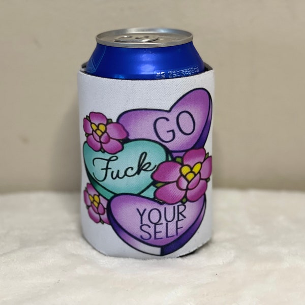 Blue and purple Go Fuck Yourself valentine hearts insulated can cooler. Fits most 12-16 ounce cans, water bottles and long neck bottles.
