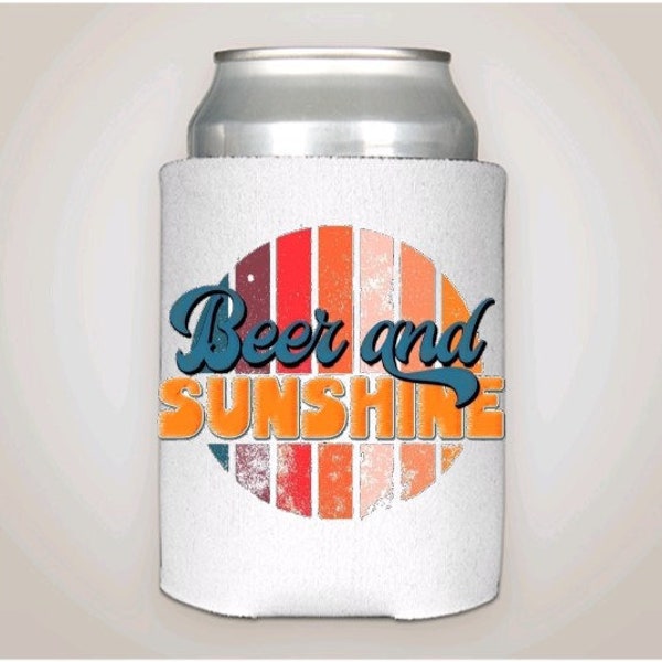 Beer and sunshine can cooler. Different colored striped back ground. Fits most 12 oz cans, long neck bottles and water bottles. Neoprene