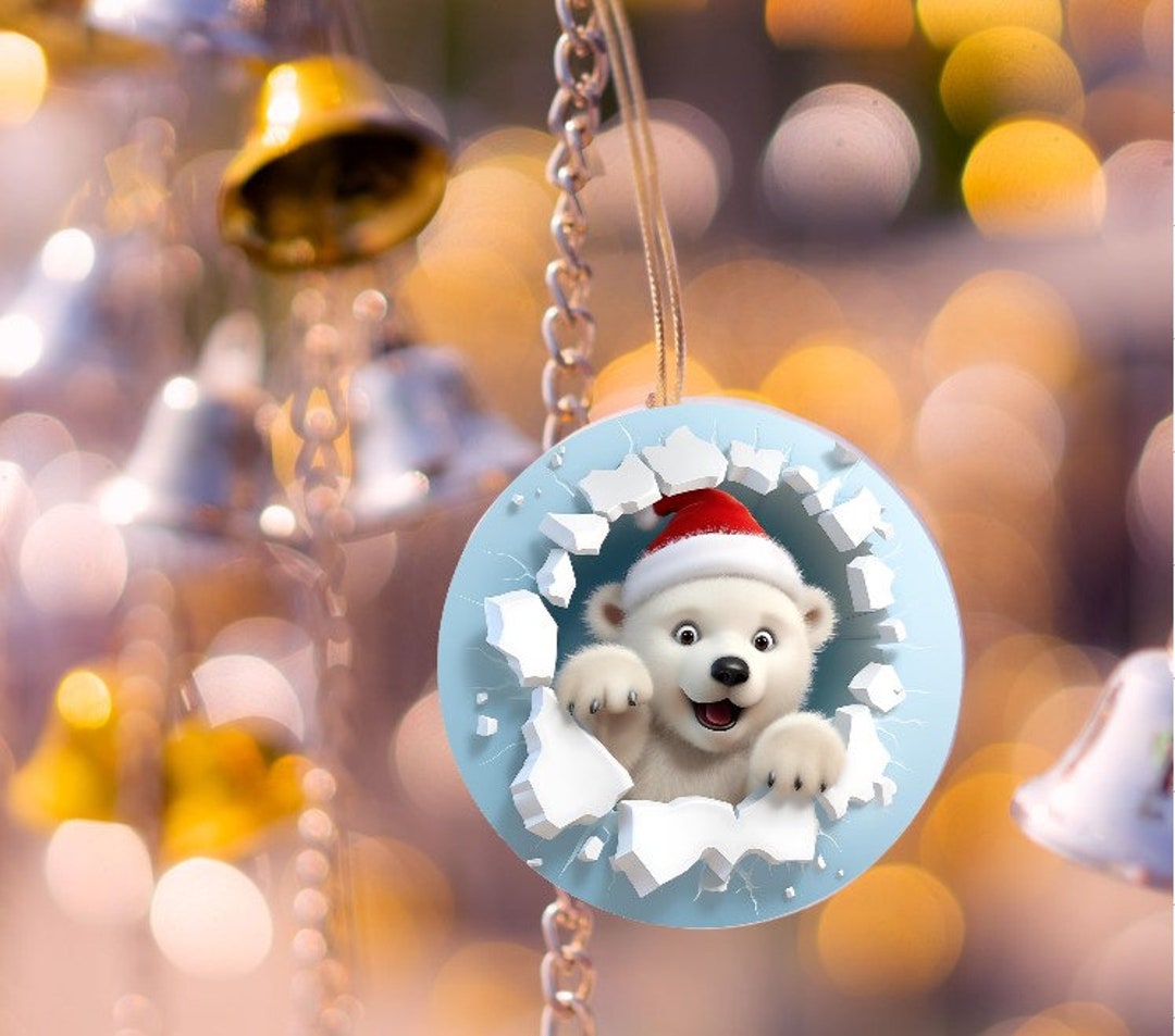 Cute 3D Polar Bear Cub Wearing Red Santa Hat Ornament. Looks Like He is ...