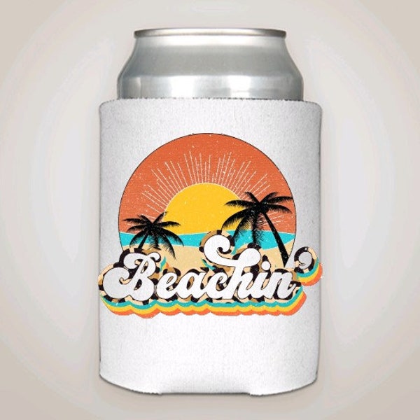 Beachin can cooler. Sun, ocean, beach and palm trees. Fits most 12 ounce cans, long neck bottles and water bottles. Neoprene material