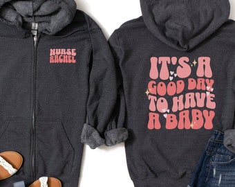 Personalized Labor and delivery Zip Up Hoodie, Custom Name Midwife Full Zip Hooded Sweatshirt Gift, Labor Department Zip Up Sweatshirt Gift