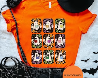Camiseta Fantasma de Livro, Camiseta Fofa de Leitura de Halloween, Camiseta Assustadora de Amante de Livros, Blusa Fantasma de Café, Camiseta Engraçada de Professor de Outono, Camiseta Fantasma de Leitor de Livros
