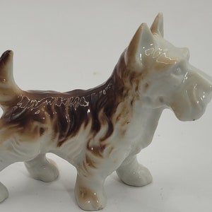Vintage Porcelain Scottie Dog, Scottish Terrier Ceramic Figurine, Brown and White Scottie