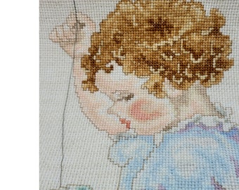 Vintge Cross Stitch, Little Girl Sewing Cross Stitch, Vintage Embroidary