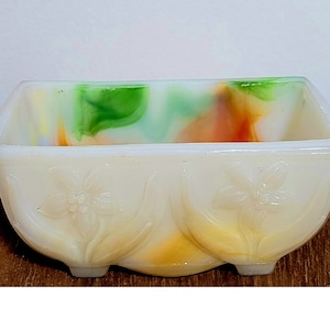 Vintage Akro Slag Glass Planter in Ivory Green and Dark Amber, Indoor Planter, Vintage Planter