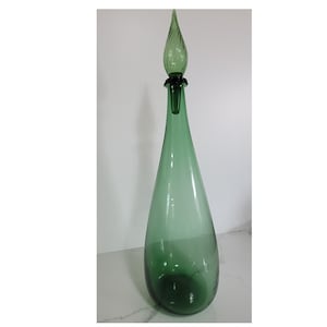 Vintage Tall Green Glass Empoli Bottle with Stopper, Green Glass Decanter Bottle, Genie Bottle