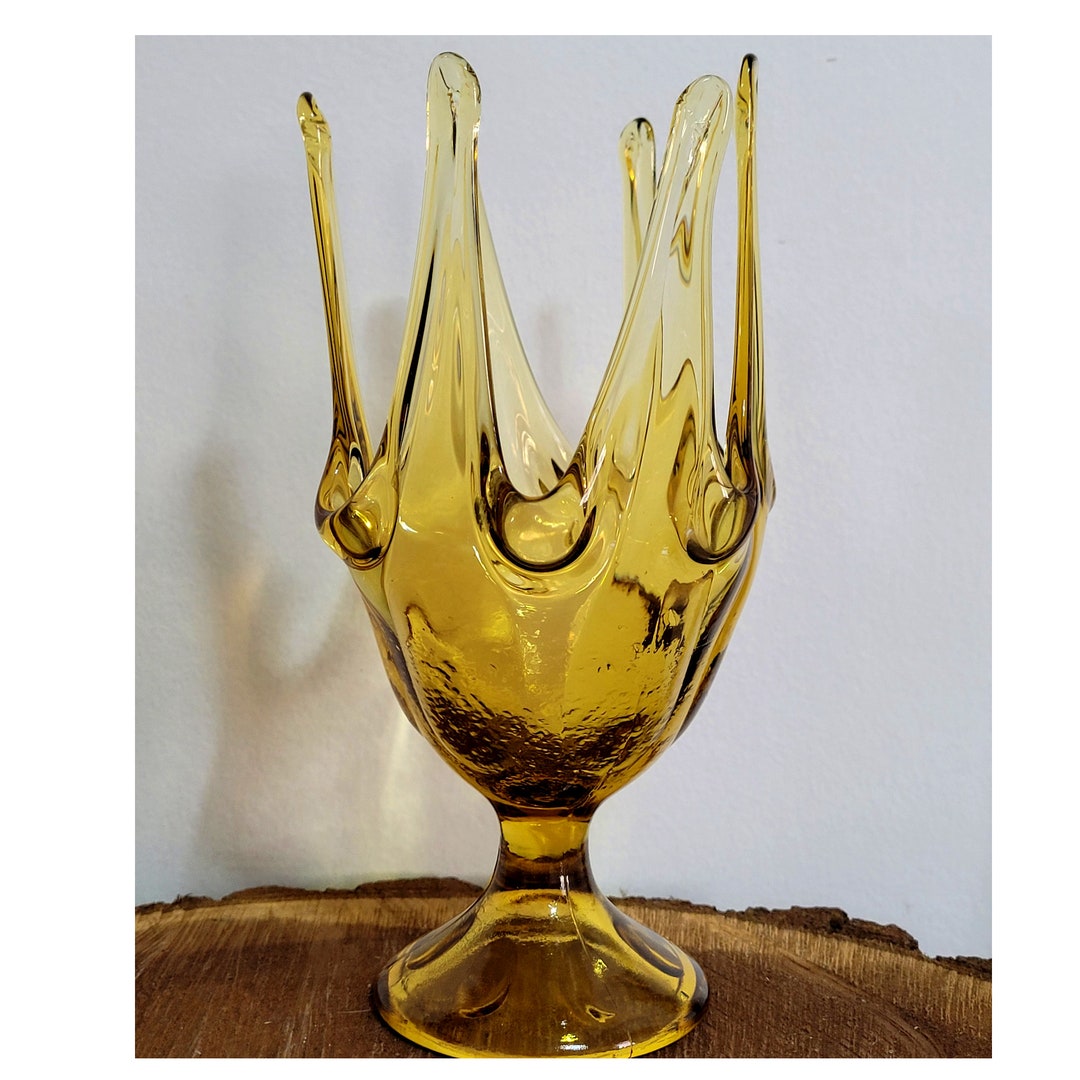 Vintage MCM Amber Art Glass, Amber Stretch Vase, Amber Swung Vase