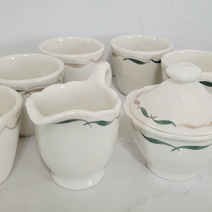 Vintage Syracuse China Restaurant Ware, Choice Coffee Cups (6), Creamer & Sugar, Festival Syracuse China, Green and Tan Brush Stroke Border
