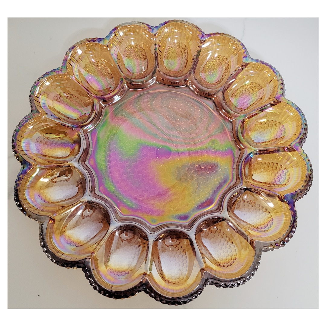 Vintage Indiana Glass Egg Holder Carnival Glass Deviled Egg Etsy