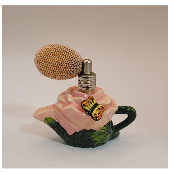 Rose Tea Pot Shaped Atomizer with Butterfly, Vint… - image 1