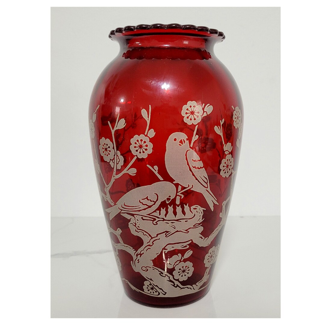 Vintage Royal Ruby Red Glass Vase With Silver Overlay, Nesting Birds on ...