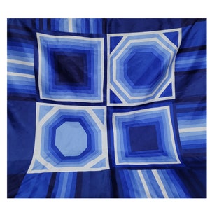 Vintage Square Scarf 27&quot;, Geometric Shapes in Shades of Blue and White, Hand Sewn Hem Scarf