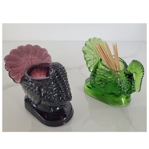Vintage Mosser Glass Turkey in Green or Purple, Glass Turkey Toothpick Holder, Vintage Toothpick Holder