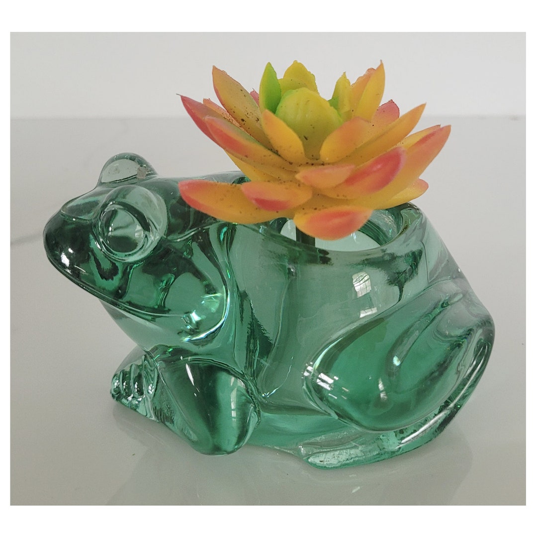 Vintage Indiana Glass Green Frog Candle Holder, Green Frog Succulent or