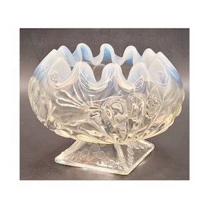 Jefferson Glass Opalescent Footed Rose Bowl Beaded Fan Shell and Dots, White Opalescent Ruffled and Crimped Rim, Vintage Jefferson Glass