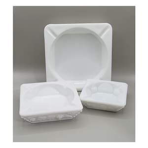Set of 3 Westmoreland Milk Glass Paneled Grape Ashtrays, Vintage Ashtrays