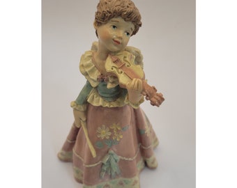 Vintage Girl Angel Playing Violin Figurine, 1999 Hand Painted Girl Angel Playing Violin