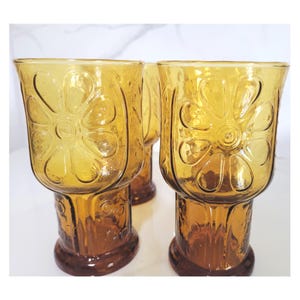 Vintage Libby Amber Country Garden Daisy Set of 4 Glasses, Vintage Country Kitchen, Amber Kitchen Glasses, 80&#39;s Kitchen Glasswar