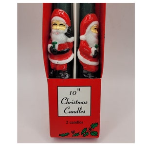 Pair Vintage Christmas Candles 10",  Santa on Green Candles, Colorifics Santa Candles