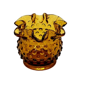 Colonial Amber Hobnail 3&quot; Fenton Double Crimped Vase, Fenton Collectable Vase