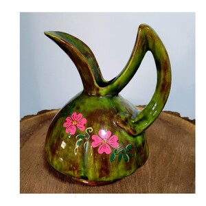 Vintage Ceramic Pitcher in Green and Brown with Painted Flowers