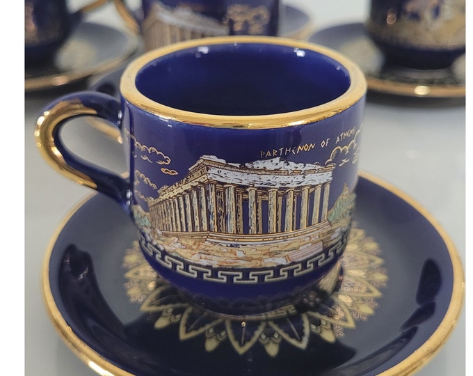 Vintage Greek Demitasse Cups Saucers Set of 5, SK Hand Made in Greece