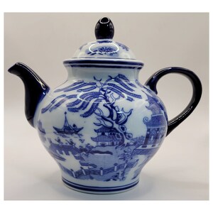 Vintage Stoneware Blue Willow Tea Pot, Blue Handle Tea Pot, Stoneware Warranted LCA