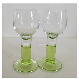 Vintage Pair Green & Clear Bormioli Rocco Cordial Glasses, Vintage Barware, Bormioli Apertif Glasses
