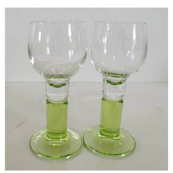 Vintage Pair Green & Clear Bormioli Rocco Cordial Glasses, Vintage Barware, Bormioli Apertif Glasses