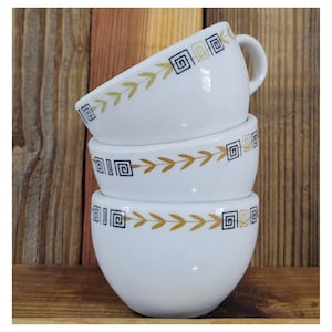 Vintage Shenango China Restaurant Ware Coffee Cups, Laurel Wheat Greek Key Design in Black Gold