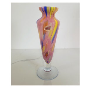 Pink Murano Glass Art Vase with Clear Footed Pedestal Base, Pink with Colorful Swirl Art Glass Vase