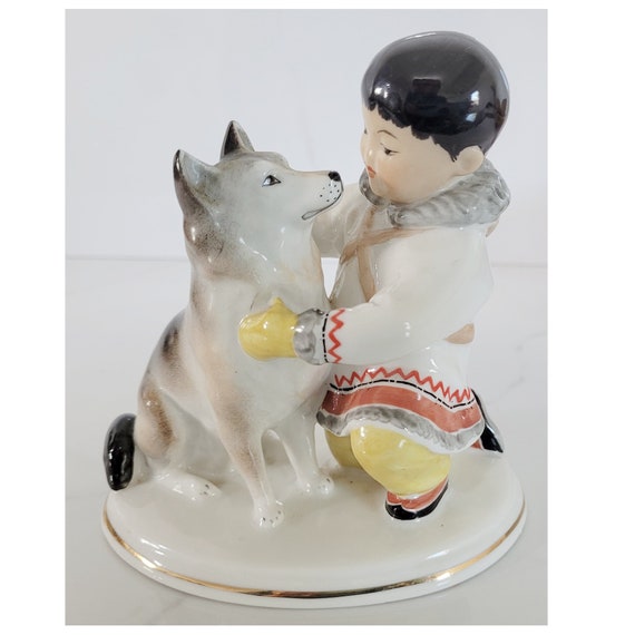 Vintage USSR Lomonosov Figurine, Inuit Boy With Husky Dog, USSR