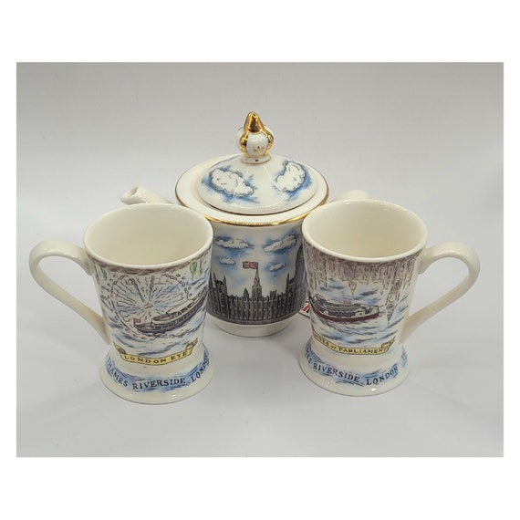 London Pottery Tea Pot and Pair of Cups, London Eye and Houses of  Parliament Reflections, David Birch Tea Set 