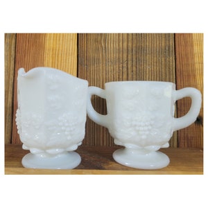 Westmoreland Milk Glass Paneled Creamer and Sugar Bowl Harvest Grape, Vintage Milk Glass, Vintage Kitchen, Vintage Farmhouse