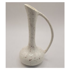 Vintage Splatterware Bud Vase with Curved Handle in White with Brown Splatter