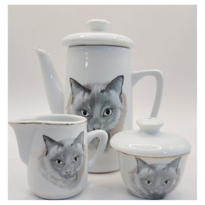 Grey Cat Transferware Teapot Creamer Sugar Set, Cat Tea Set, Vintage Cat TeapotC