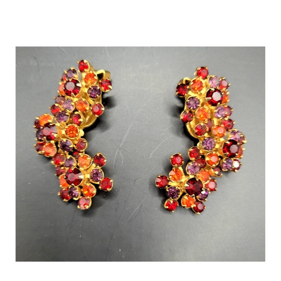 Vintage Flower Trio Rhinestone Earrings; 1950s Er… - image 2