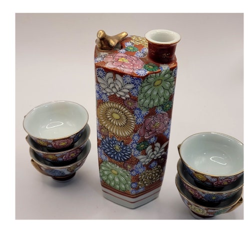 Katani Sake Set 1000 Flowers Whistling shops Bird with 6 Cups, Vintage Japanese Sake Set
