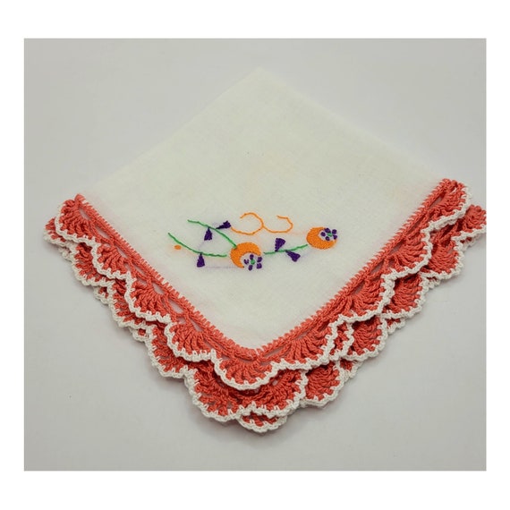 Vintage Embroidered Hanky with Crochet Lace Border - image 2