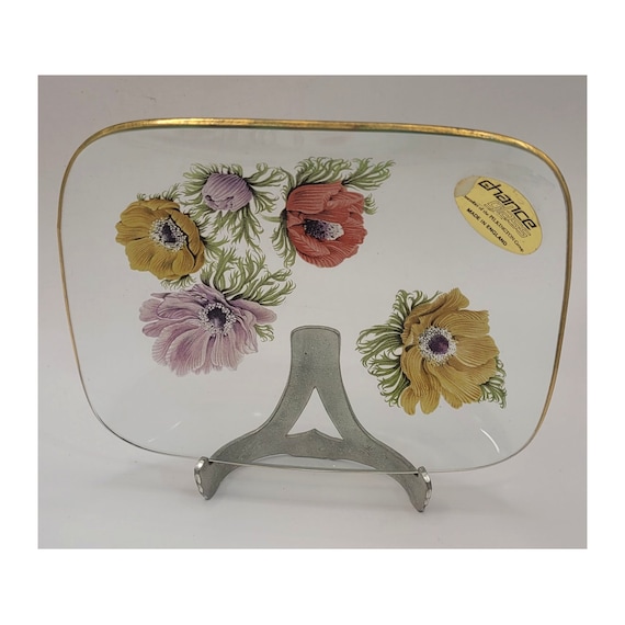 Vintage Floral Glass Trinket Dish, Chance Glass Ring Dish, Botanical Trinket