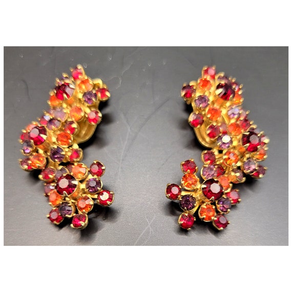 Vintage Flower Trio Rhinestone Earrings; 1950s Er… - image 6