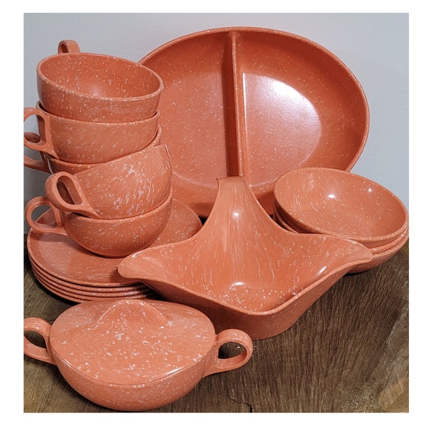 Vintage Melamine. Choice Cups, Saucers, Bowls, Sugar Bowl, Gravy Boat and Divided Serving Bowl in Coral with White