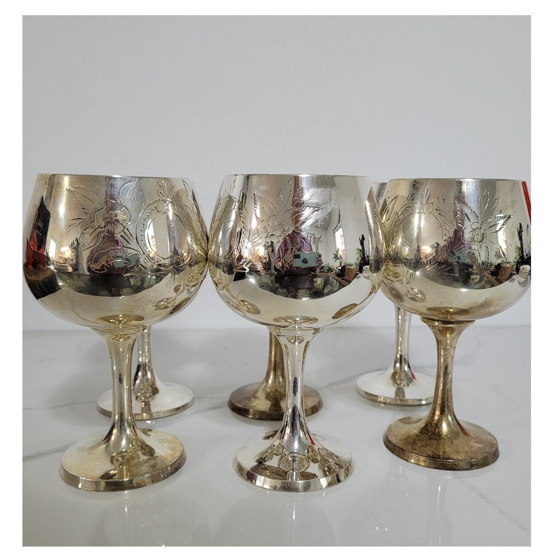 Vintage Silver Plated Wine Goblets Set of 6, Etched Laurel Wreath on